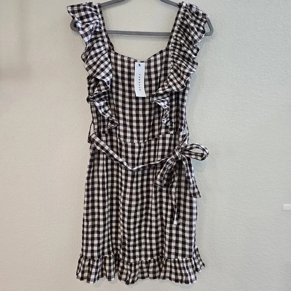 topshop brown gingham ruffle mini dress Rihoas Brown Plaid Sheath Dress main image 0